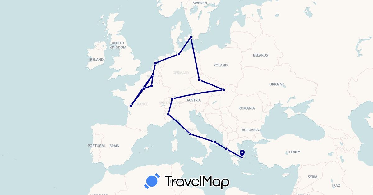 TravelMap itinerary: driving in Belgium, Switzerland, Czech Republic, Germany, Denmark, France, Greece, Italy, Netherlands, Slovakia (Europe)